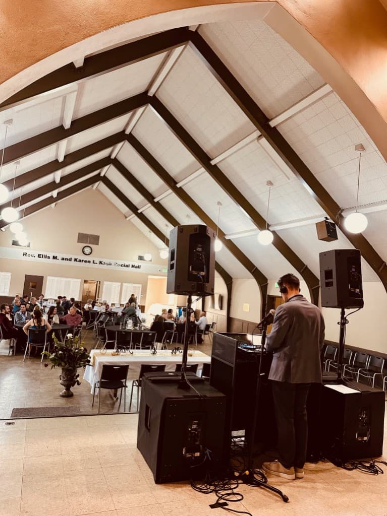 DJ and PA setup in a social hall